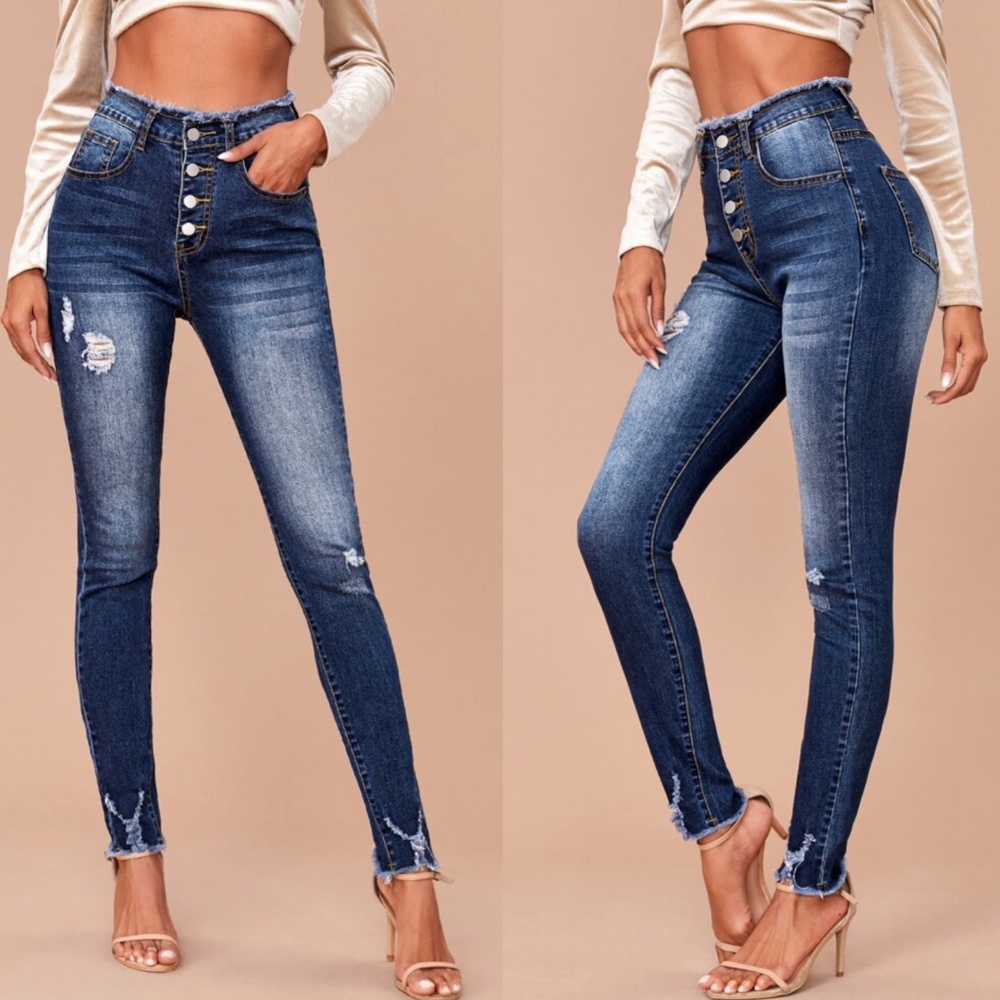 blue distressed skinny denim jeans button fly